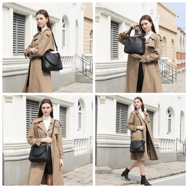 HBM2509 - Miss Lulu Textured PU Leather Crossbody Handbag with Woven Accents for Women - Black