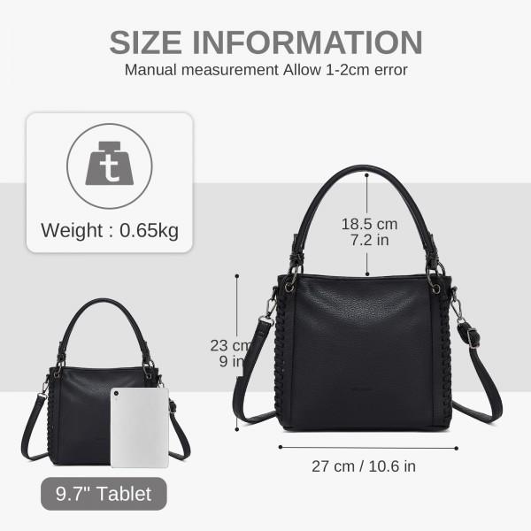 HBM2509 - Miss Lulu Textured PU Leather Crossbody Handbag with Woven Accents for Women - Black