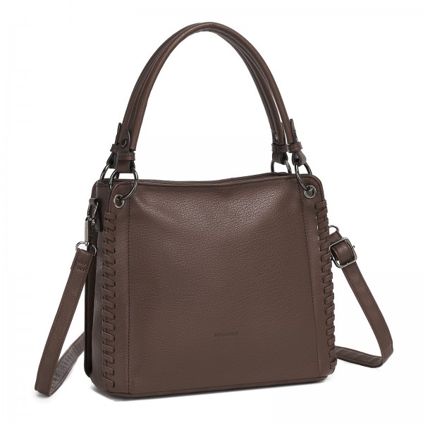 HBM2509 - Miss Lulu Textured PU Leather Crossbody Handbag with Woven Accents for Women - Brown