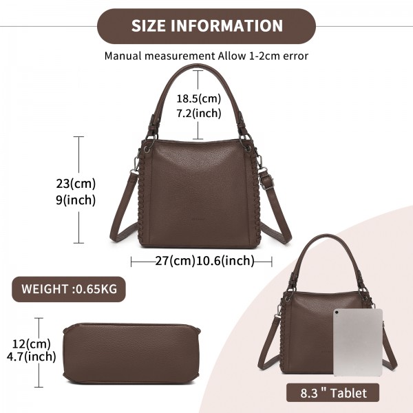 HBM2509 - Miss Lulu Textured PU Leather Crossbody Handbag with Woven Accents for Women - Brown