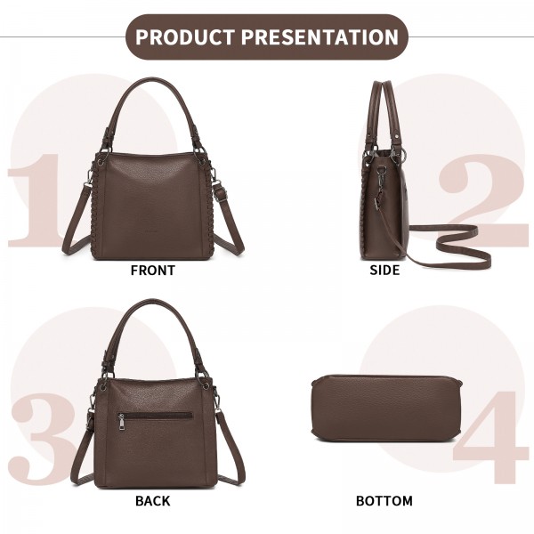 HBM2509 - Miss Lulu Textured PU Leather Crossbody Handbag with Woven Accents for Women - Brown