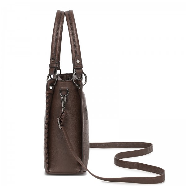 HBM2509 - Miss Lulu Textured PU Leather Crossbody Handbag with Woven Accents for Women - Brown