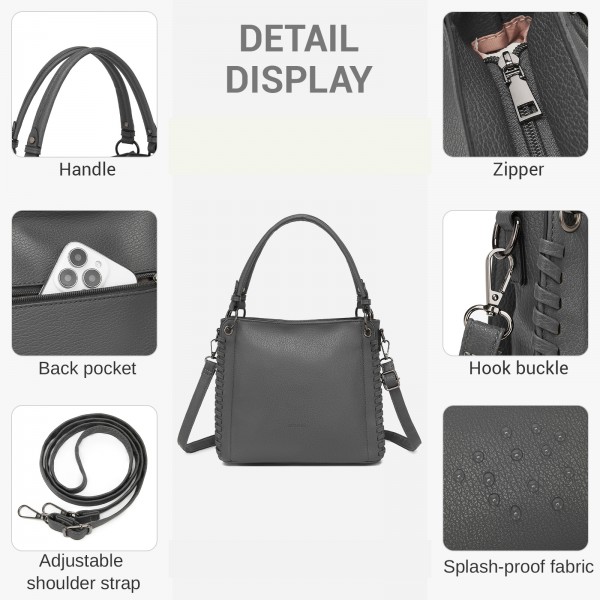 HBM2509 - Miss Lulu Texturierter PU-Leder-Umhängetasche mit Gewebedetails für Damen - Grau