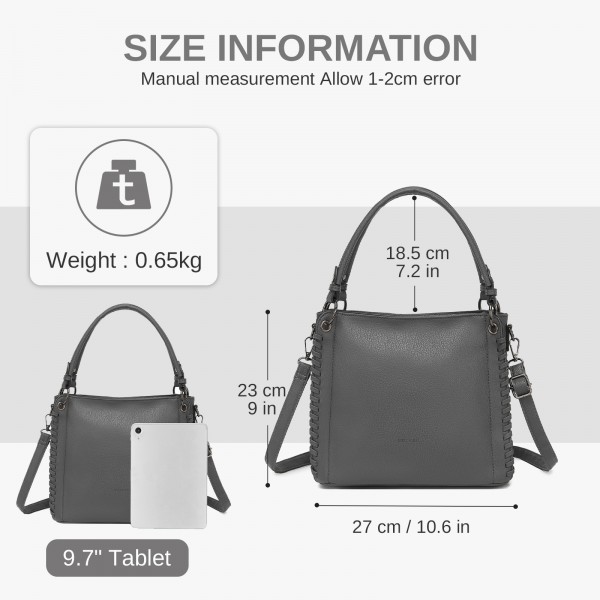 HBM2509 - Miss Lulu Texturierter PU-Leder-Umhängetasche mit Gewebedetails für Damen - Grau