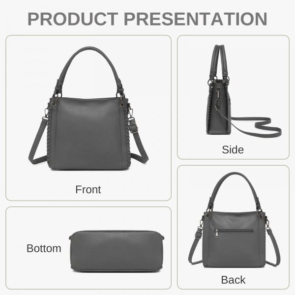 HBM2509 - Miss Lulu Texturierter PU-Leder-Umhängetasche mit Gewebedetails für Damen - Grau