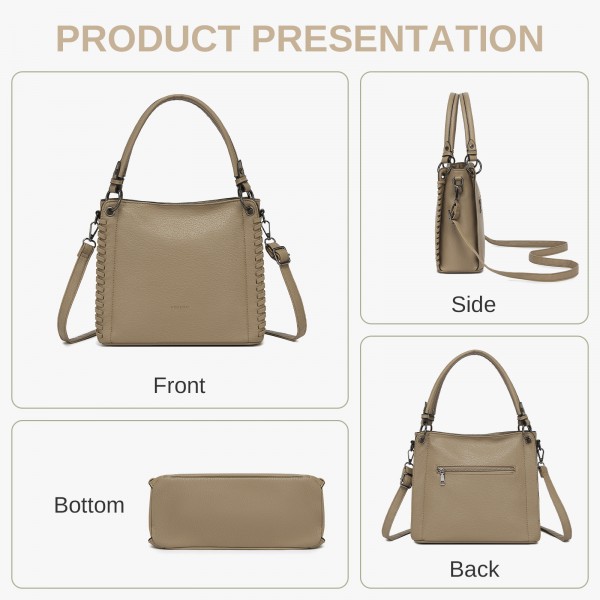 HBM2509 - Miss Lulu Textured PU Leather Crossbody Handbag with Woven Accents for Women - Khaki