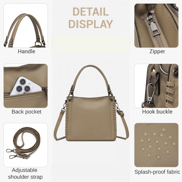 HBM2509 - Miss Lulu Textured PU Leather Crossbody Handbag with Woven Accents for Women - Khaki