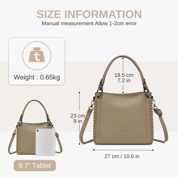 HBM2509 - Miss Lulu Textured PU Leather Crossbody Handbag with Woven Accents for Women - Khaki