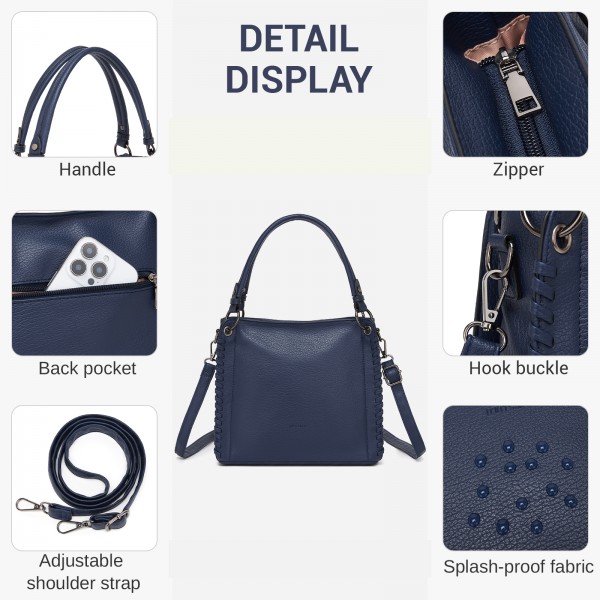 HBM2509 - Miss Lulu Texturierter PU-Leder-Umhängetasche mit Gewebedetails für Damen - Marineblau