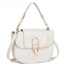 HBM2514 - Miss Lulu Stylish PU Saddle Bag with Chain-Accent Top Handle & Adjustable Strap - Beige