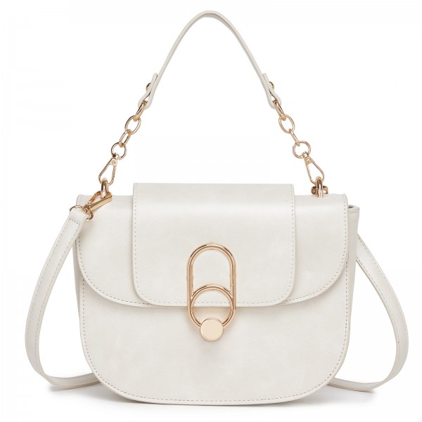 HBM2514 - Miss Lulu Stylish PU Saddle Bag with Chain-Accent Top Handle & Adjustable Strap - Beige