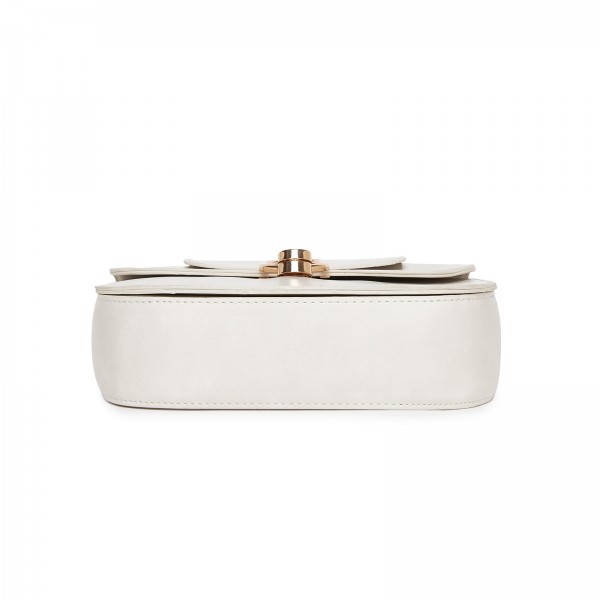 HBM2514 - Miss Lulu Stylish PU Saddle Bag with Chain-Accent Top Handle & Adjustable Strap - Beige