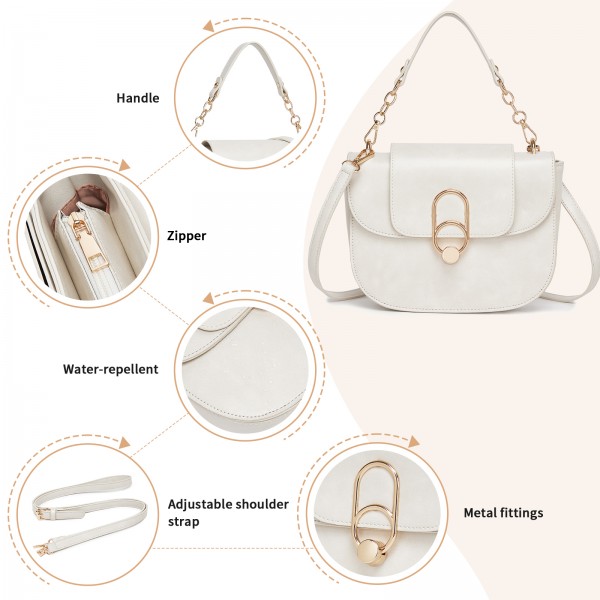 HBM2514 - Miss Lulu Stylish PU Saddle Bag with Chain-Accent Top Handle & Adjustable Strap - Beige