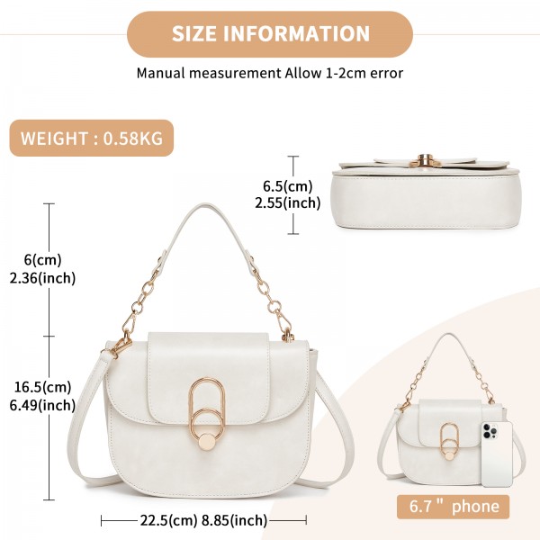 HBM2514 - Miss Lulu Stylish PU Saddle Bag with Chain-Accent Top Handle & Adjustable Strap - Beige