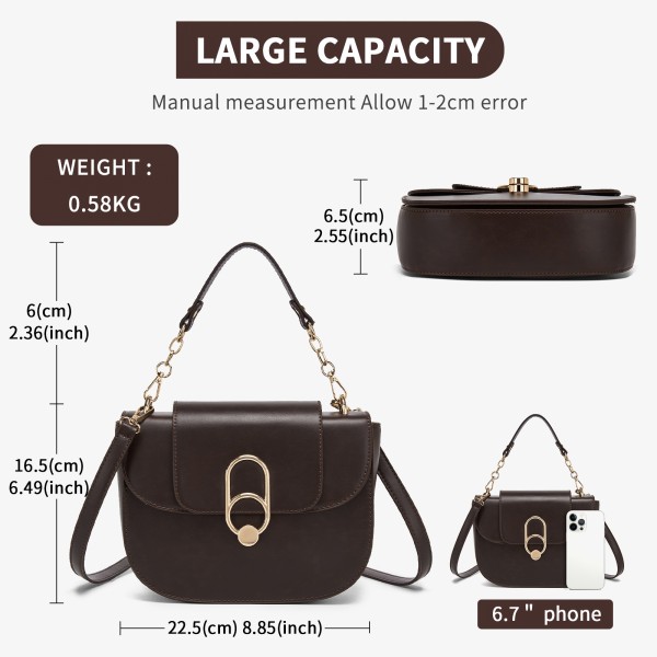 HBM2514 - Miss Lulu Stylish PU Saddle Bag with Chain-Accent Top Handle & Adjustable Strap - Brown