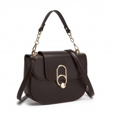 HBM2514 - Miss Lulu Stylish PU Saddle Bag with Chain-Accent Top Handle & Adjustable Strap - Brown