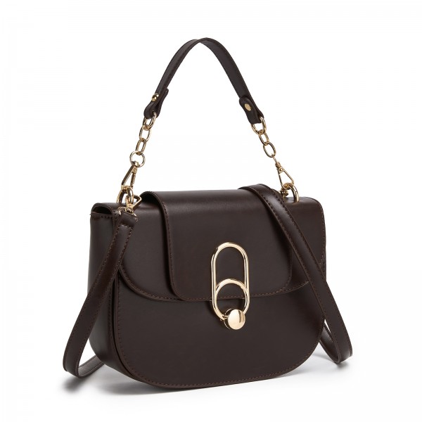 HBM2514 - Miss Lulu Stylish PU Saddle Bag with Chain-Accent Top Handle & Adjustable Strap - Brown
