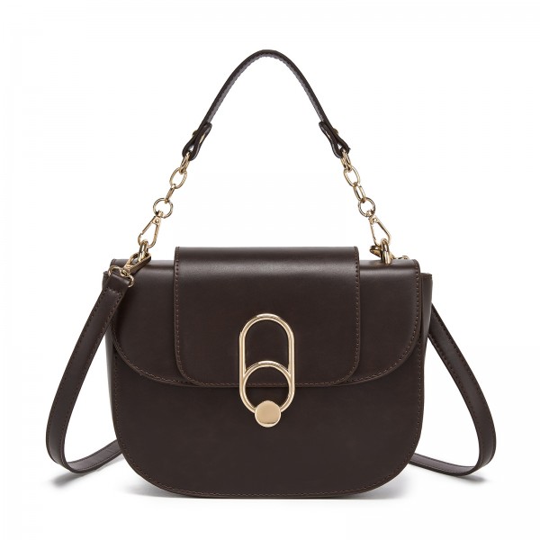 HBM2514 - Miss Lulu Stylish PU Saddle Bag with Chain-Accent Top Handle & Adjustable Strap - Brown