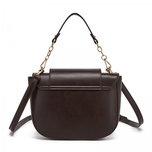 HBM2514 - Miss Lulu Stylish PU Saddle Bag with Chain-Accent Top Handle & Adjustable Strap - Brown