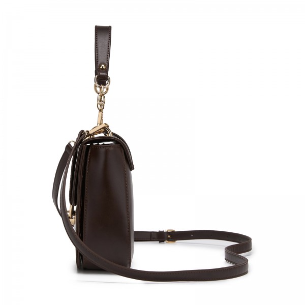 HBM2514 - Miss Lulu Stylish PU Saddle Bag with Chain-Accent Top Handle & Adjustable Strap - Brown