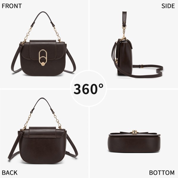 HBM2514 - Miss Lulu Stylish PU Saddle Bag with Chain-Accent Top Handle & Adjustable Strap - Brown HBM2514 - Miss Lulu Stylish PU Saddle Bag with Chain-Accent Top Handle & Adjustable Strap - Brown