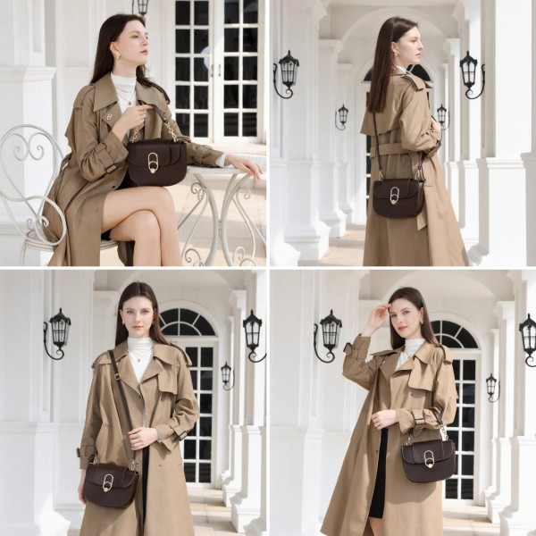 HBM2514 - Miss Lulu Stylish PU Saddle Bag with Chain-Accent Top Handle & Adjustable Strap - Brown HBM2514 - Miss Lulu Stylish PU Saddle Bag with Chain-Accent Top Handle & Adjustable Strap - Brown