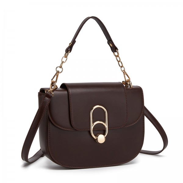 HBM2514 - Miss Lulu Stylish PU Saddle Bag with Chain-Accent Top Handle & Adjustable Strap - Coffee
