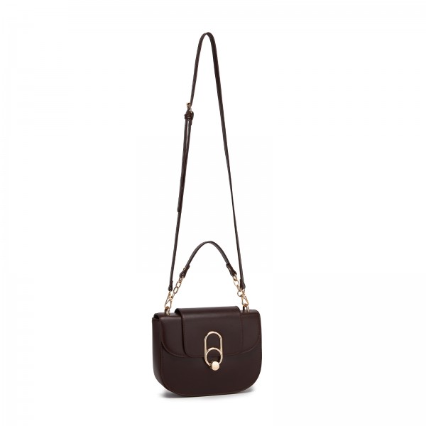 HBM2514 - Miss Lulu Stylish PU Saddle Bag with Chain-Accent Top Handle & Adjustable Strap - Coffee