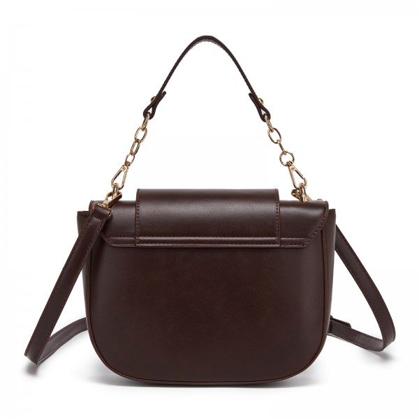 HBM2514 - Miss Lulu Stylish PU Saddle Bag with Chain-Accent Top Handle & Adjustable Strap - Coffee