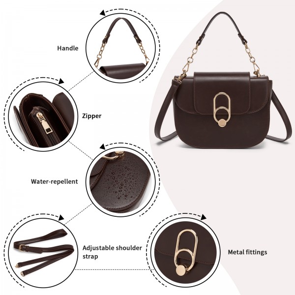 HBM2514 - Miss Lulu Stylish PU Saddle Bag with Chain-Accent Top Handle & Adjustable Strap - Coffee