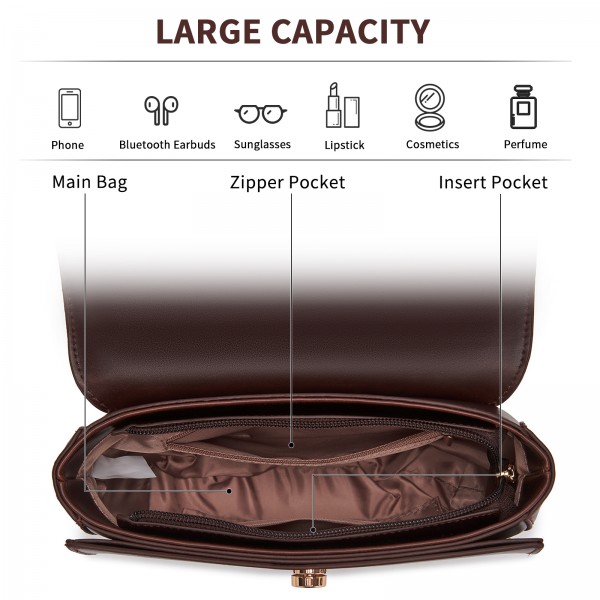 HBM2514 - Miss Lulu Stylish PU Saddle Bag with Chain-Accent Top Handle & Adjustable Strap - Coffee