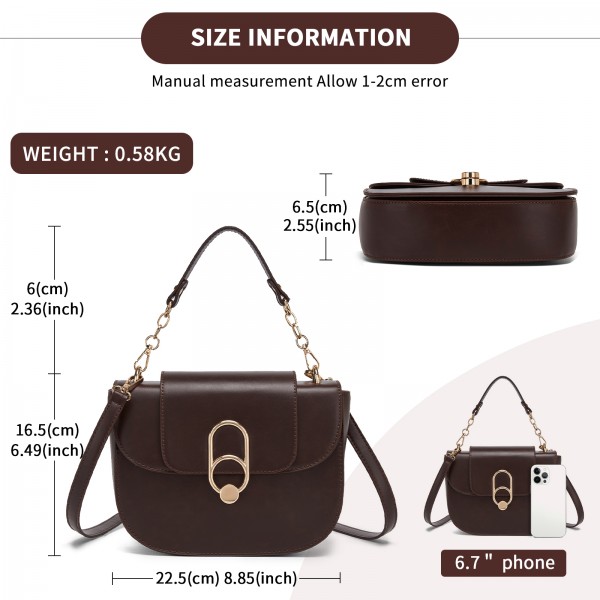 HBM2514 - Miss Lulu Stylish PU Saddle Bag with Chain-Accent Top Handle & Adjustable Strap - Coffee