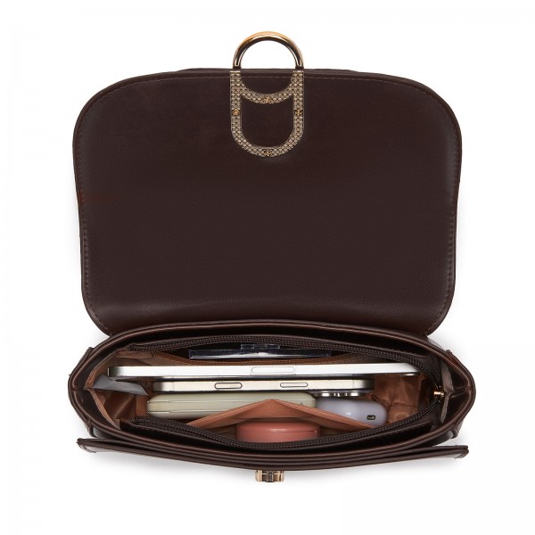 HBM2514 - Miss Lulu Stylish PU Saddle Bag with Chain-Accent Top Handle & Adjustable Strap - Coffee