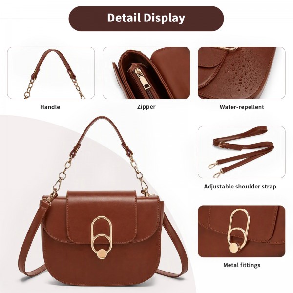 HBM2514 - Miss Lulu Stylish PU Saddle Bag with Chain-Accent Top Handle & Adjustable Strap - Light Brown