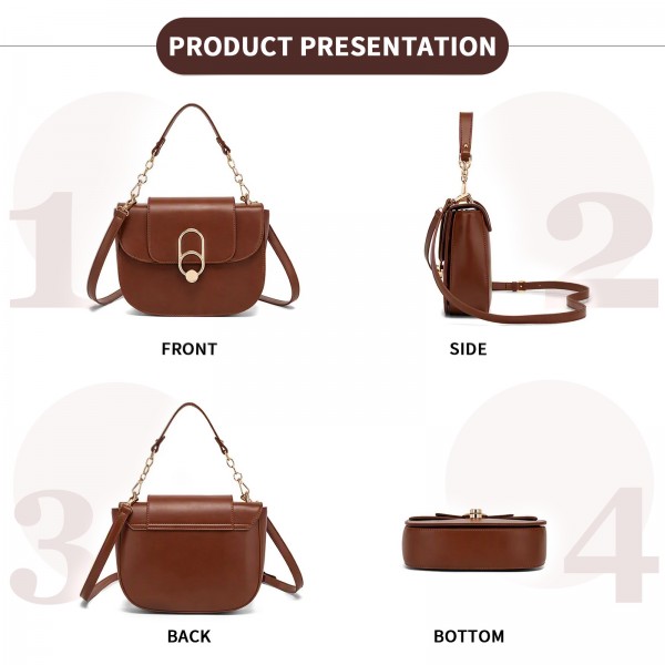 HBM2514 - Miss Lulu Stylish PU Saddle Bag with Chain-Accent Top Handle & Adjustable Strap - Light Brown