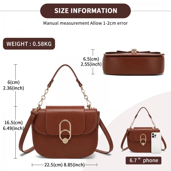HBM2514 - Miss Lulu Stylish PU Saddle Bag with Chain-Accent Top Handle & Adjustable Strap - Light Brown