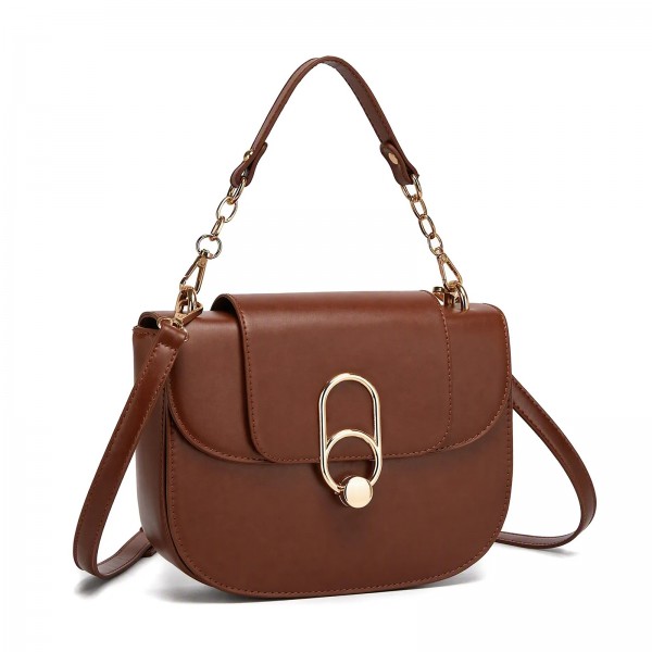 HBM2514 - Miss Lulu Stylish PU Saddle Bag with Chain-Accent Top Handle & Adjustable Strap - Light Brown