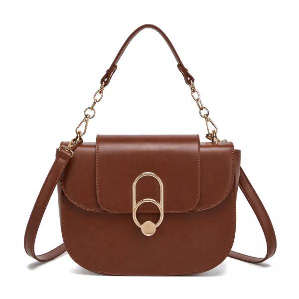HBM2514 - Miss Lulu Stylish PU Saddle Bag with Chain-Accent Top Handle & Adjustable Strap - Light Brown