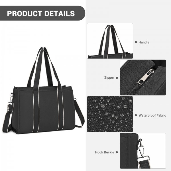 HBM2604 - Miss Lulu Wearproof Large Capacity Tote Bag with 15.6” Laptop Sleeve, Dual Carry Options for Business and Everyday Use - Black