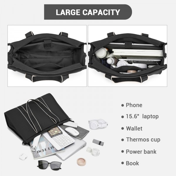 HBM2604 - Miss Lulu Wearproof Large Capacity Tote Bag with 15.6” Laptop Sleeve, Dual Carry Options for Business and Everyday Use - Black