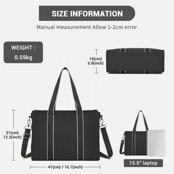 HBM2604 - Miss Lulu Wearproof Large Capacity Tote Bag with 15.6” Laptop Sleeve, Dual Carry Options for Business and Everyday Use - Black