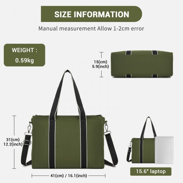 HBM2604 - Miss Lulu Wearproof Large Capacity Tote Bag with 15.6” Laptop Sleeve, Dual Carry Options for Business and Everyday Use - Green