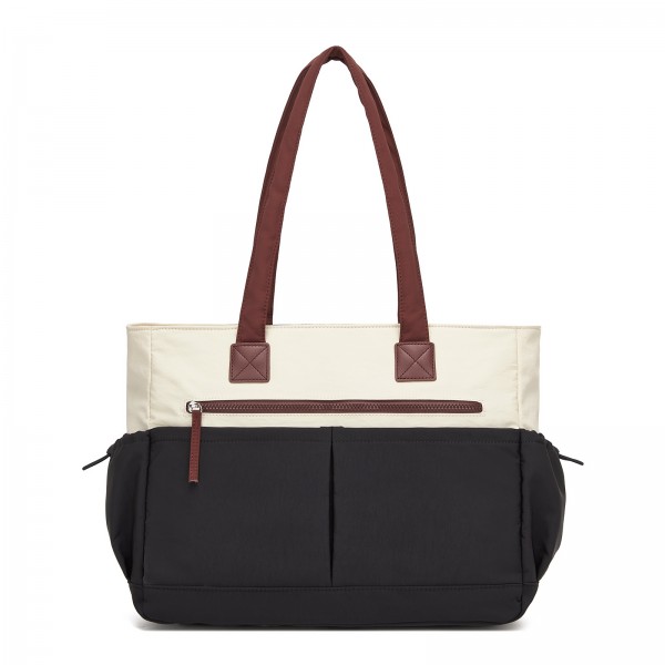 HBM2611 - Miss Lulu Chic Roomy Ladies Shoulder Tote Bag, with 15.6-inch Laptop Sleeve and Luggage Strap for Daily Use - Beige And Black