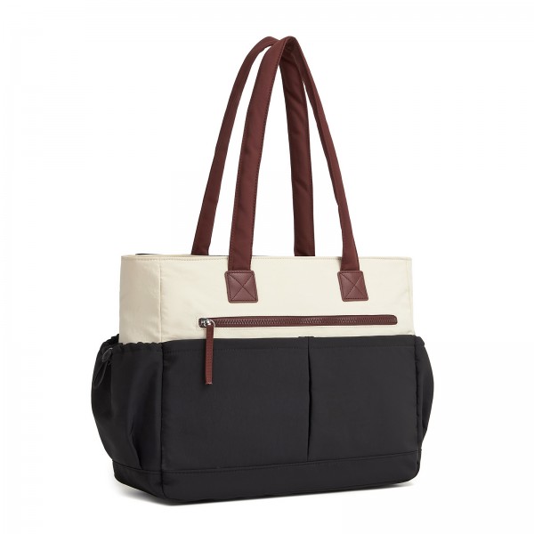 HBM2611 - Miss Lulu Chic Roomy Ladies Shoulder Tote Bag, with 15.6-inch Laptop Sleeve and Luggage Strap for Daily Use - Beige And Black