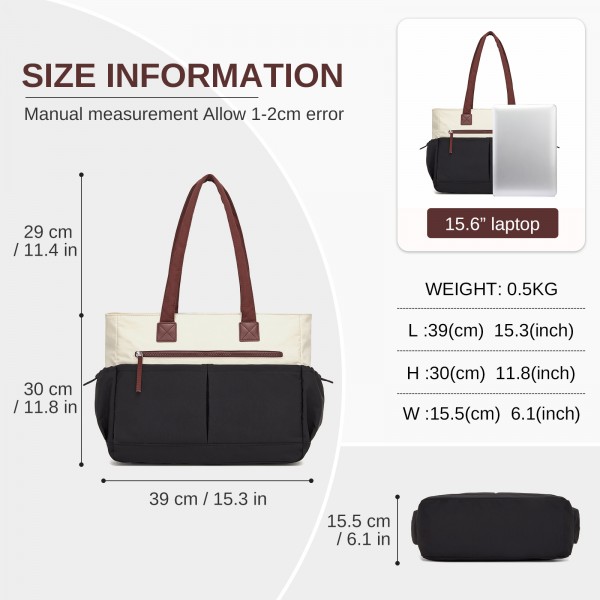 HBM2611 - Miss Lulu Chic Roomy Ladies Shoulder Tote Bag, with 15.6-inch Laptop Sleeve and Luggage Strap for Daily Use - Beige And Black