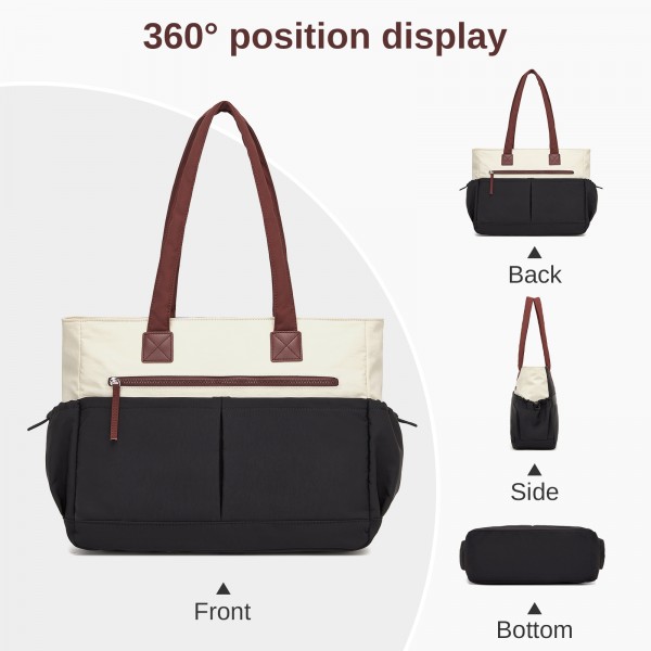 HBM2611 - Miss Lulu Chic Roomy Ladies Shoulder Tote Bag, with 15.6-inch Laptop Sleeve and Luggage Strap for Daily Use - Beige And Black