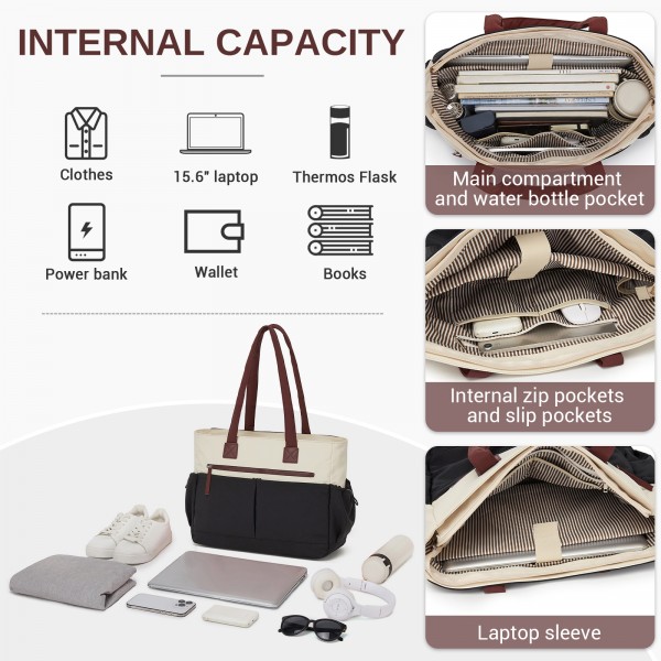 HBM2611 - Miss Lulu Chic Roomy Ladies Shoulder Tote Bag, with 15.6-inch Laptop Sleeve and Luggage Strap for Daily Use - Beige And Black