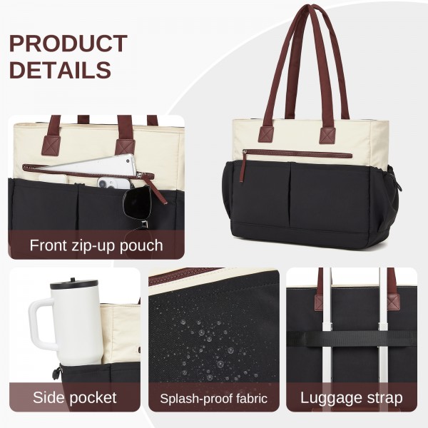 HBM2611 - Miss Lulu Chic Roomy Ladies Shoulder Tote Bag, with 15.6-inch Laptop Sleeve and Luggage Strap for Daily Use - Beige And Black