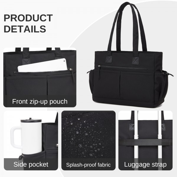 HBM2611 - Miss Lulu Chic Roomy Ladies Shoulder Tote Bag, with 15.6-inch Laptop Sleeve and Luggage Strap for Daily Use - Black
