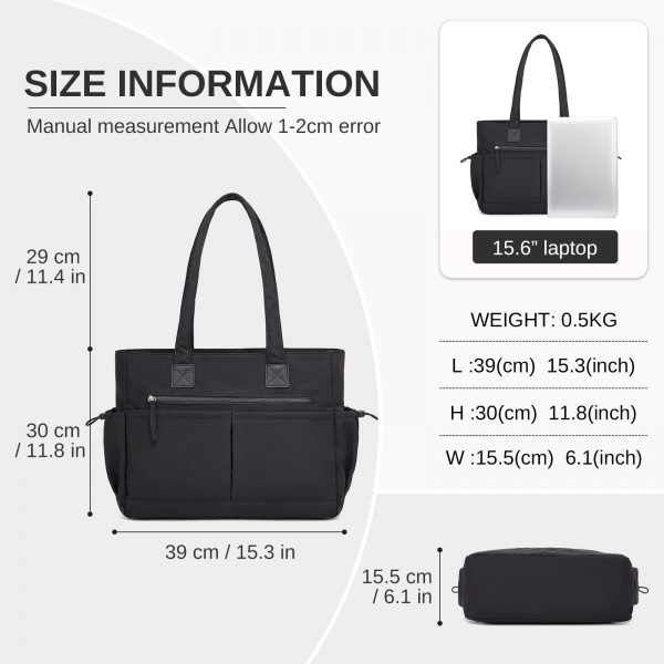 HBM2611 - Miss Lulu Chic Roomy Ladies Shoulder Tote Bag, with 15.6-inch Laptop Sleeve and Luggage Strap for Daily Use - Black